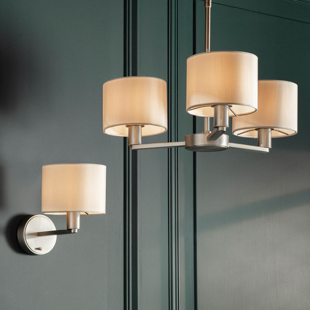 Endon Daley Single Wall Light - Matt Nickel & Vintage White Faux Silk