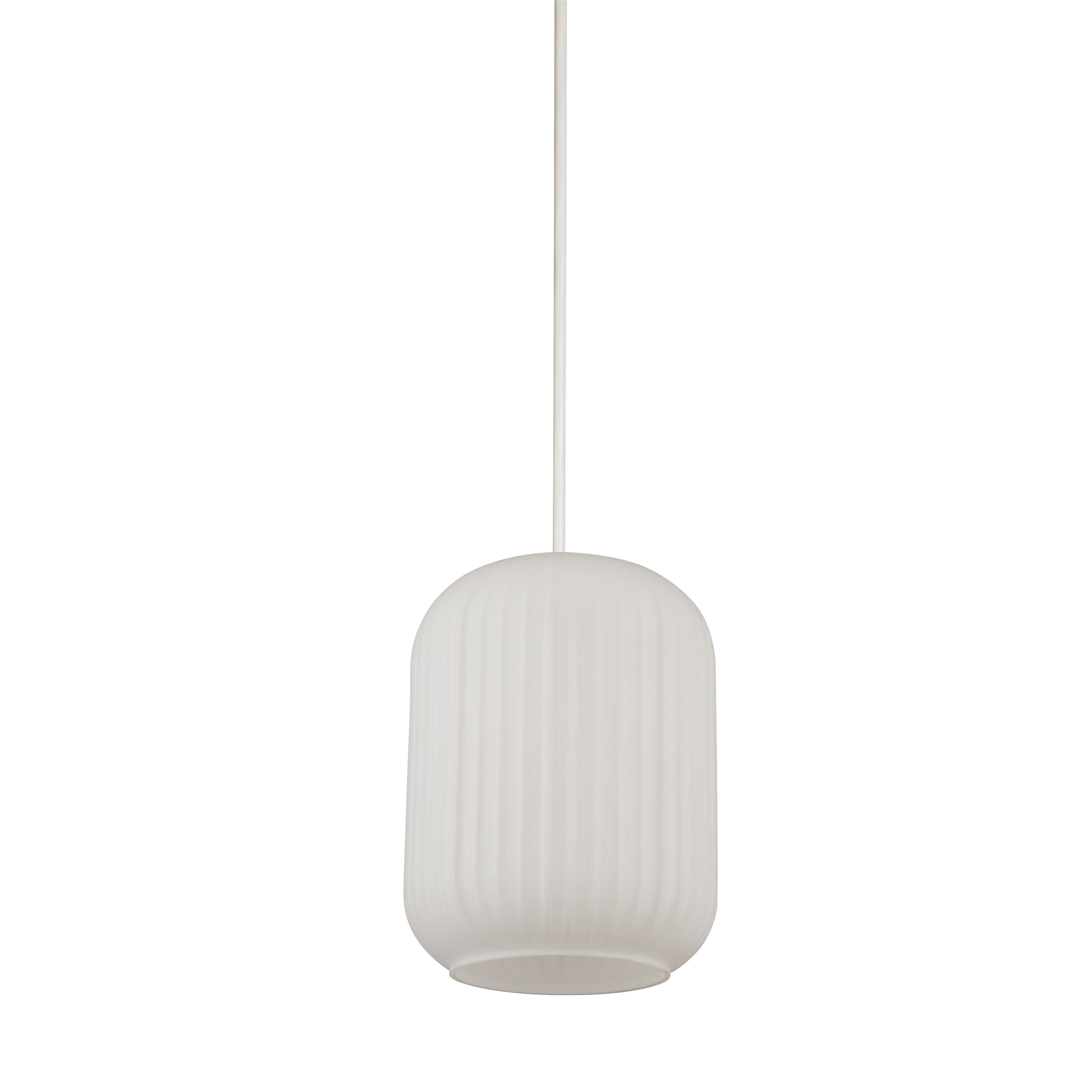 Searchlight Pearl pendant light in frosted white ribbed glass on a white cord, second studio angle on a white background