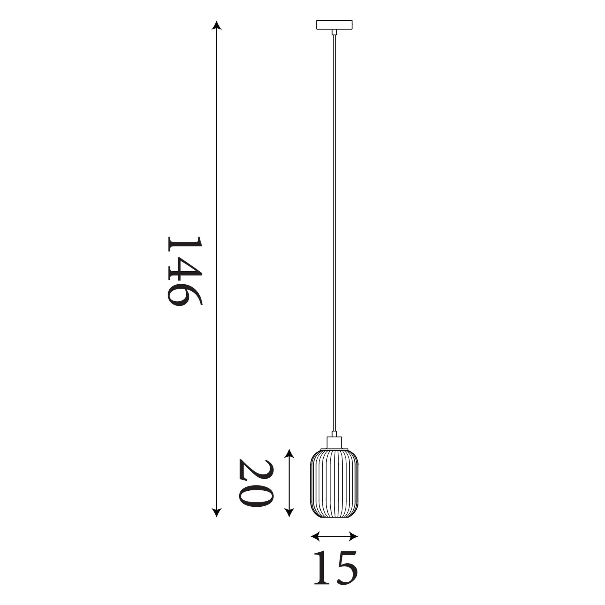 Technical line drawing of the Searchlight Pearl pendant showing a 15cm shade width, 20cm shade height and 146cm total drop