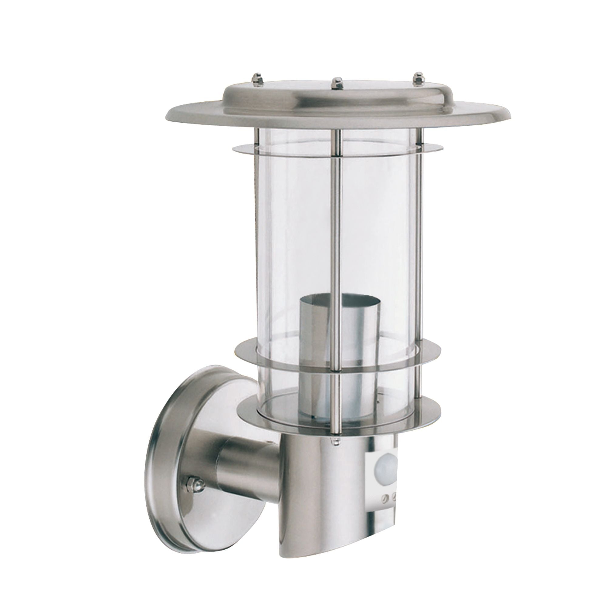 Searchlight Edgeware stainless steel outdoor wall light with PIR sensor, alternate angle on a white background