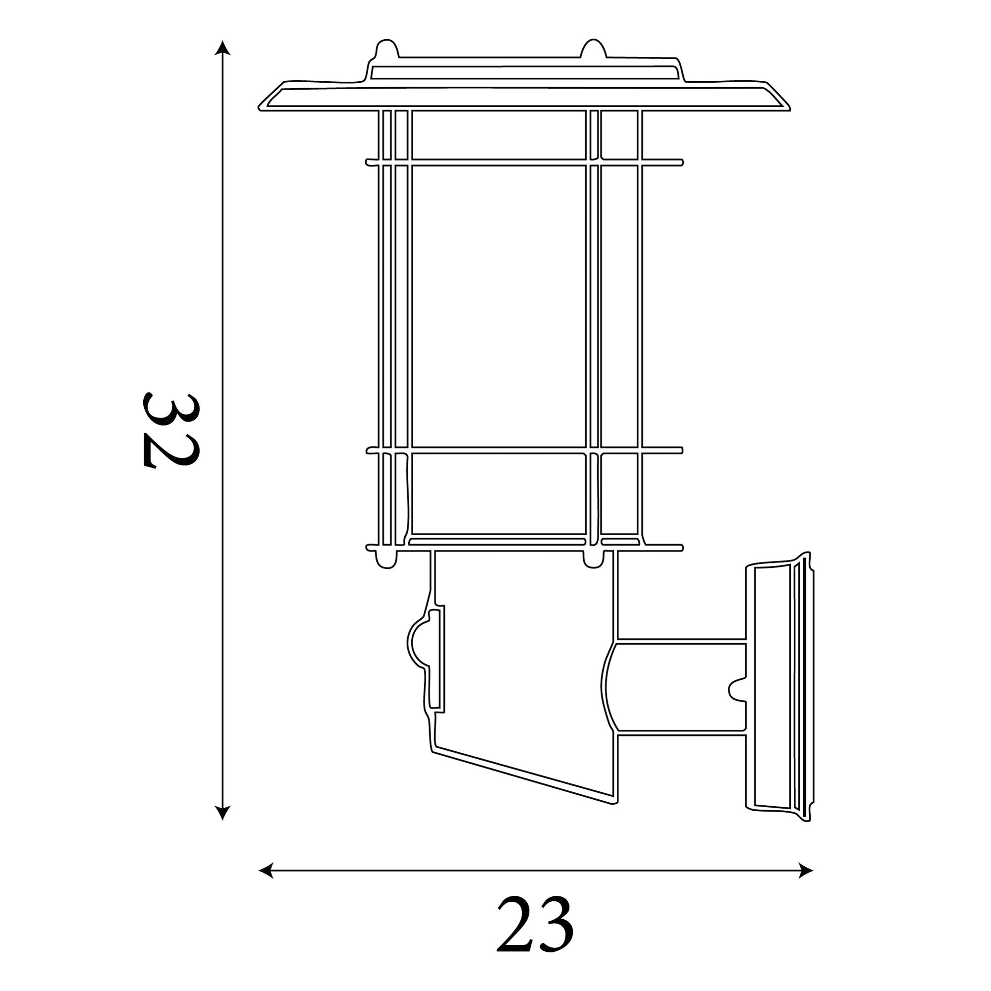 Line drawing of the Edgeware wall light showing dimensions of 32cm high and 23cm wide