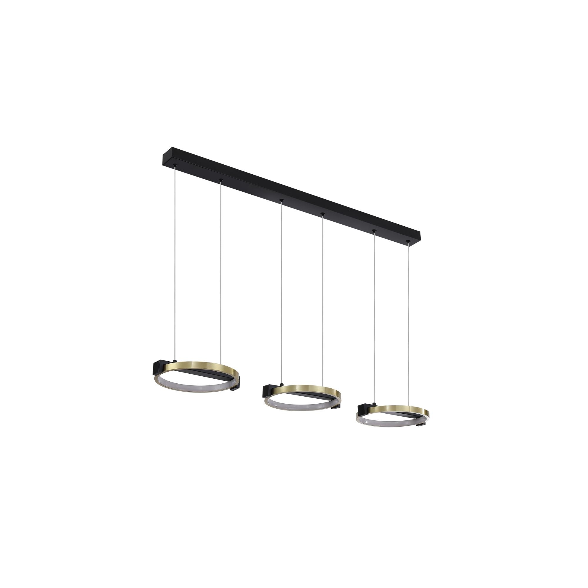 Searchlight Aerial 3 Light LED Bar Pendant in gold and black, front view of the three illuminated rings from a slightly different angle