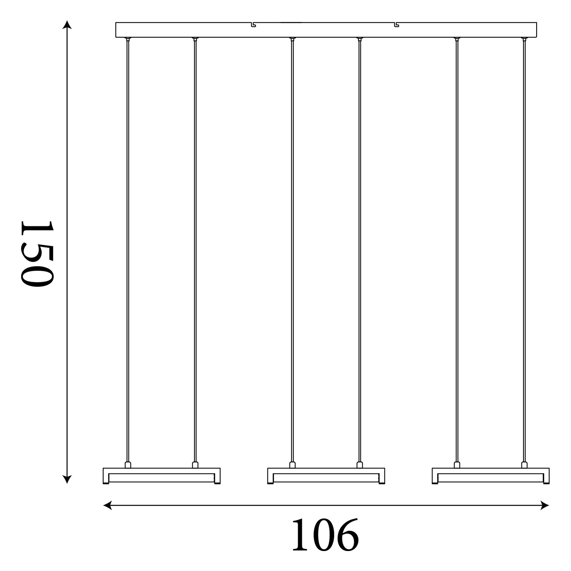 Line drawing of the Searchlight Aerial 3 Light LED Bar Pendant showing dimensions, 106cm bar length and 150cm maximum drop