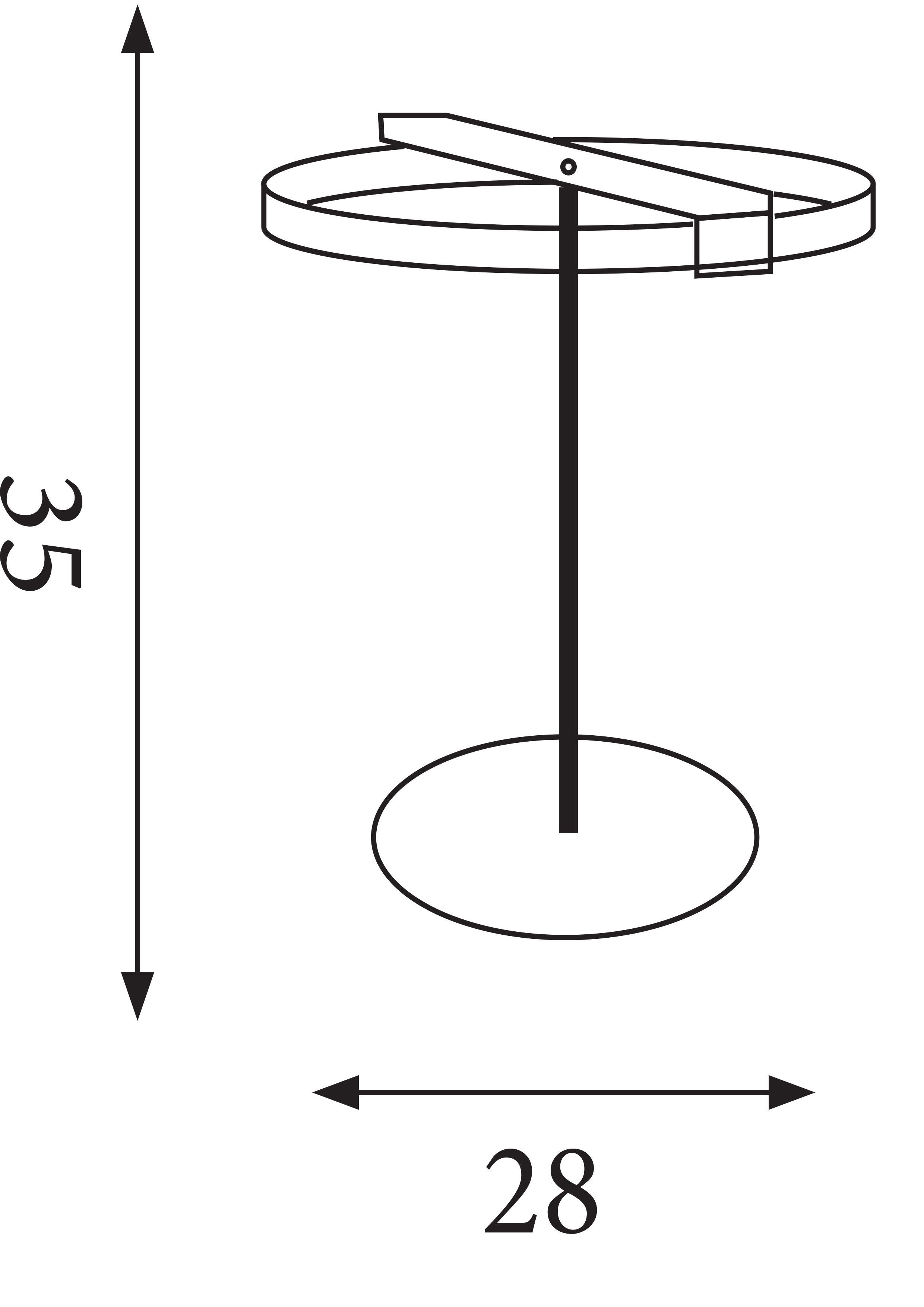 Line drawing of the Searchlight Aerial LED Table Lamp showing dimensions, 35cm height and 28cm ring width