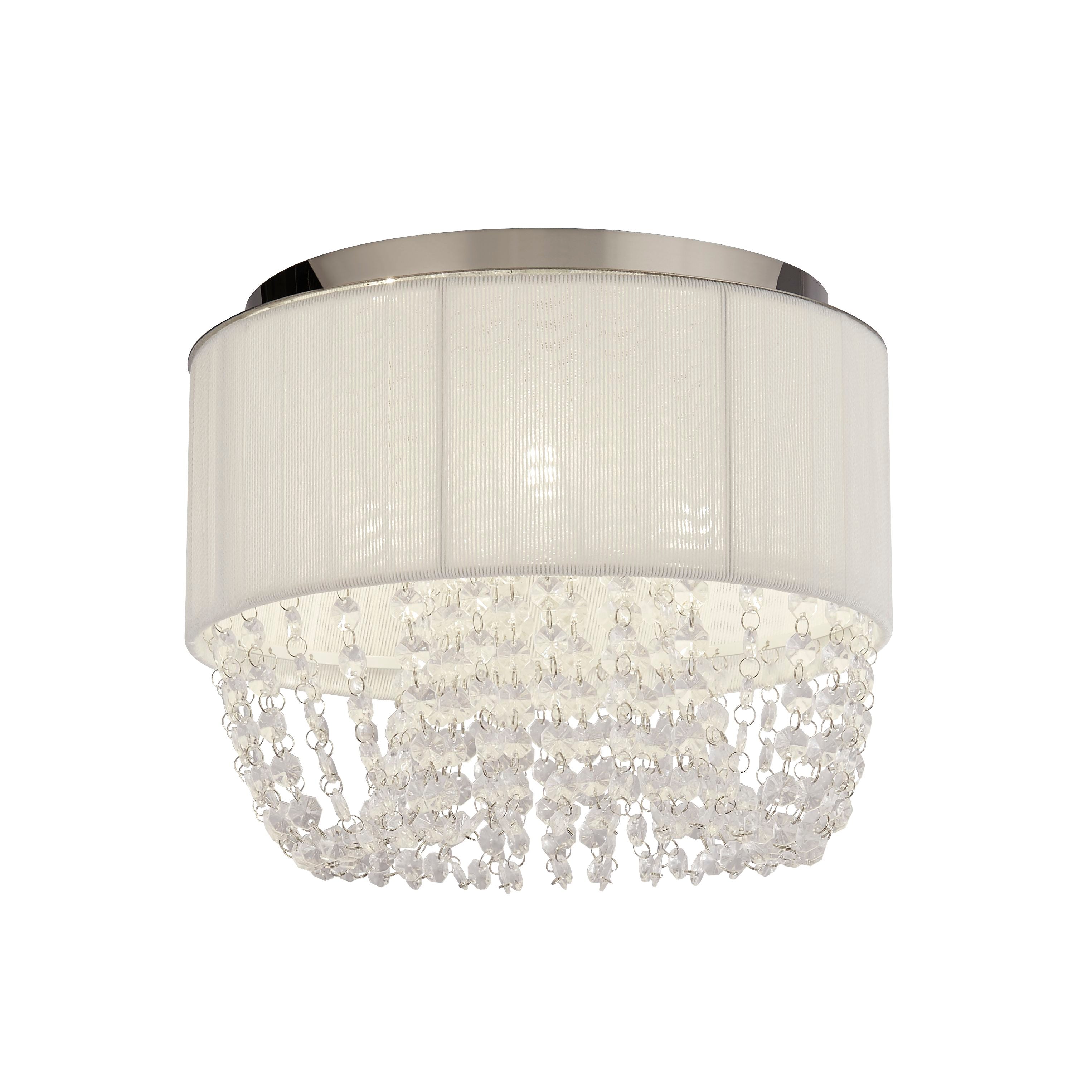 Searchlight Bellano 3 light flush ceiling light in chrome with a white fabric drum shade and cascading clear acrylic droplets, studio shot