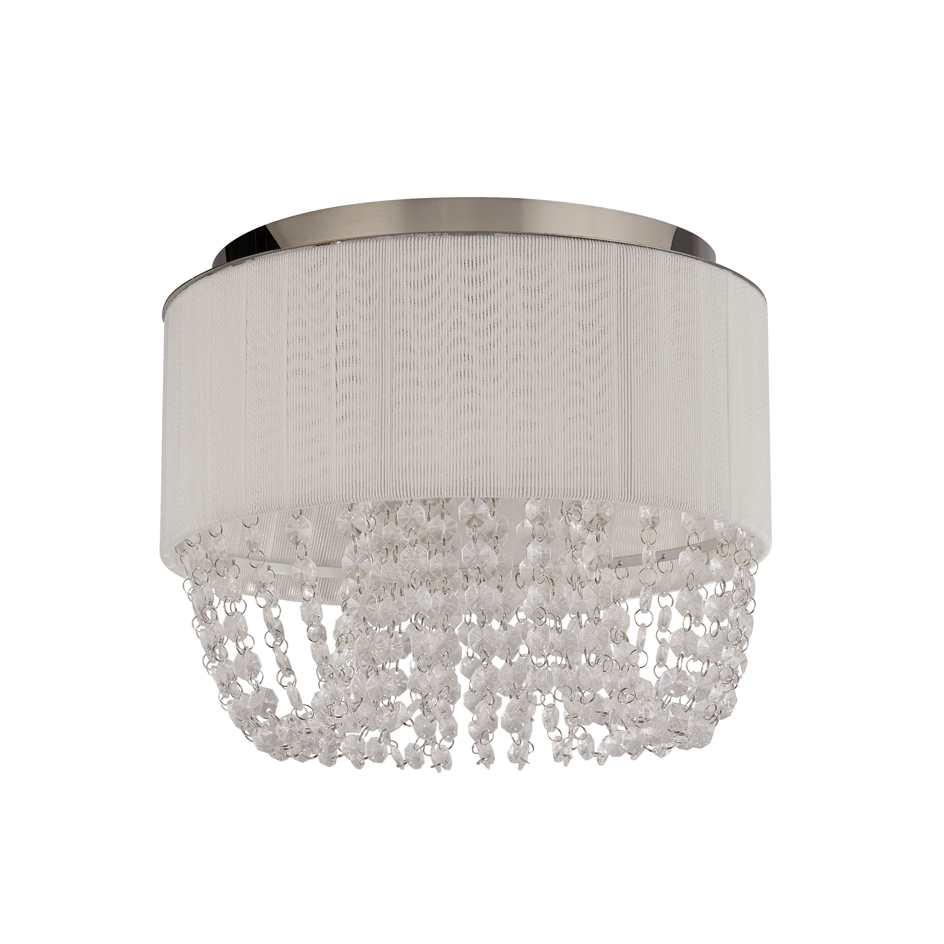 Searchlight Bellano 3 light flush ceiling light in chrome with a white fabric drum shade, front on studio shot with the acrylic fringe lit up