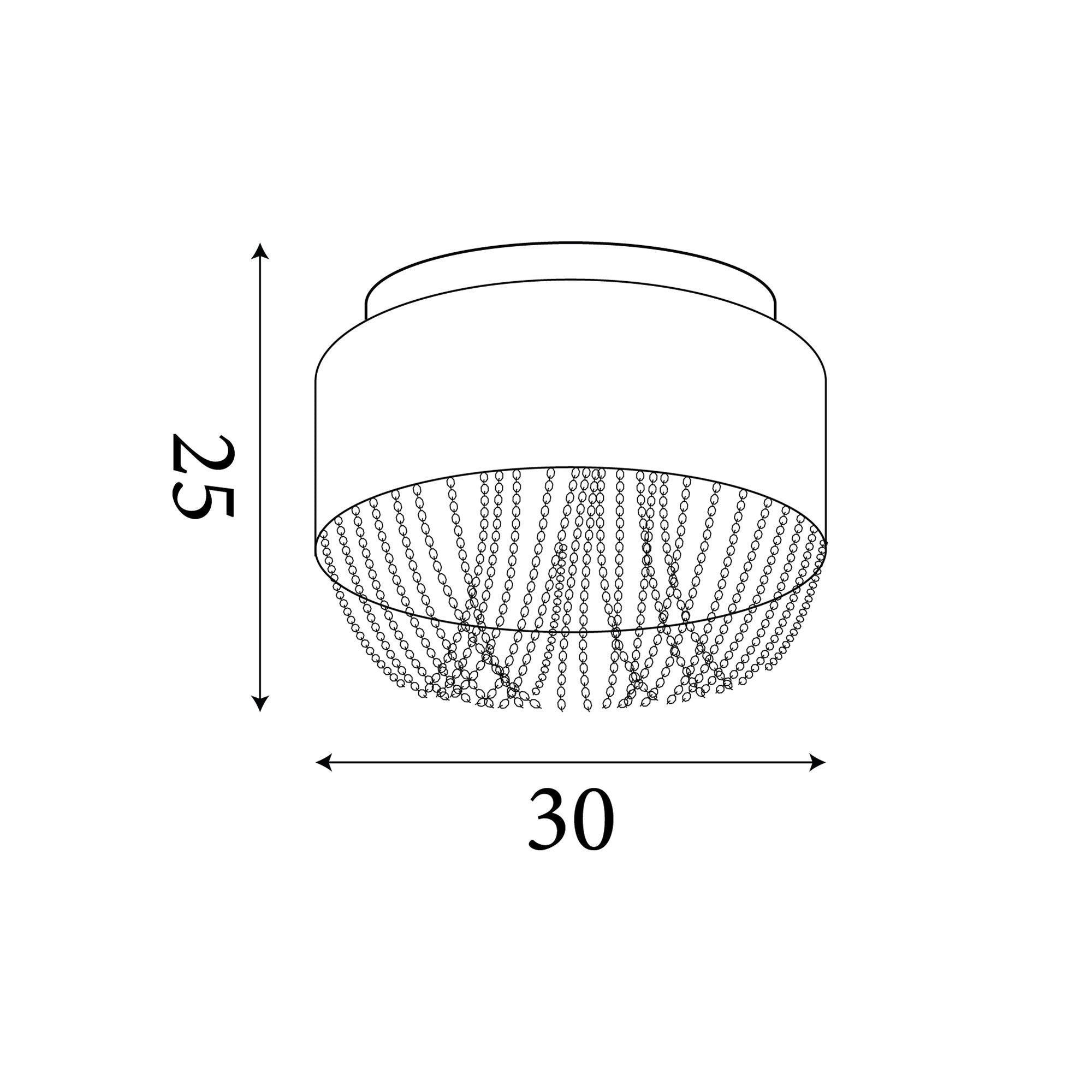 Technical drawing of the Searchlight Bellano 3 light flush ceiling light showing 25cm height and 30cm diameter