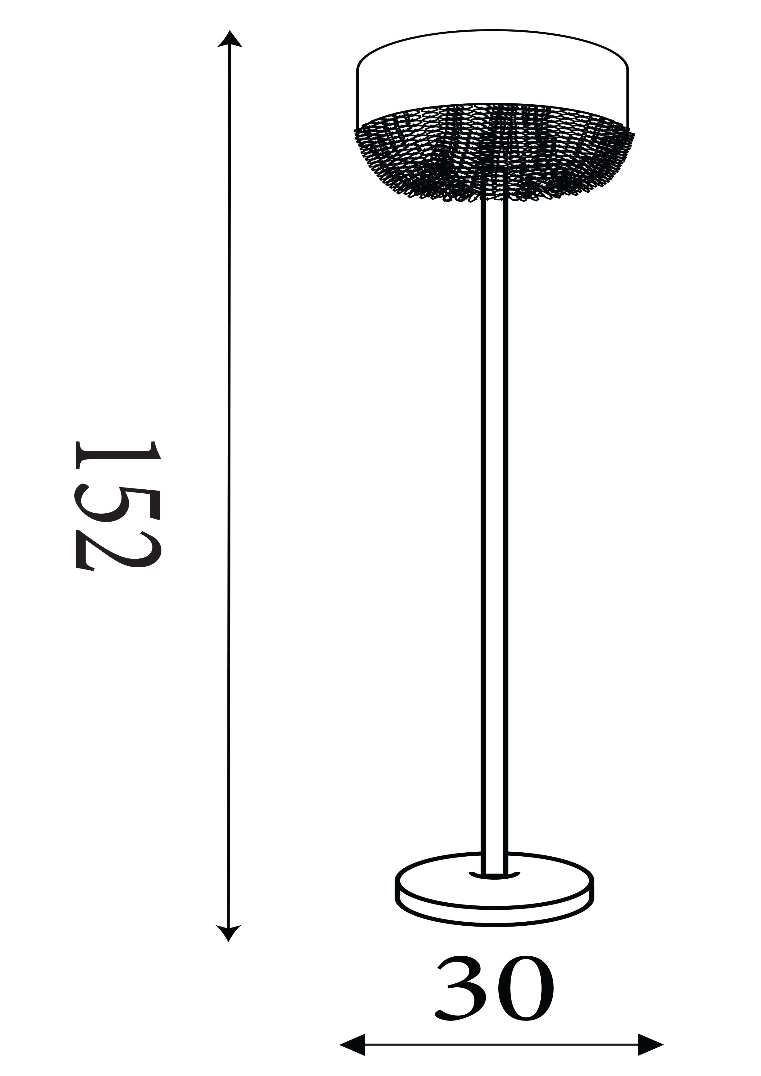 Technical drawing of the Bellano floor lamp showing a height of 152cm and a width of 30cm