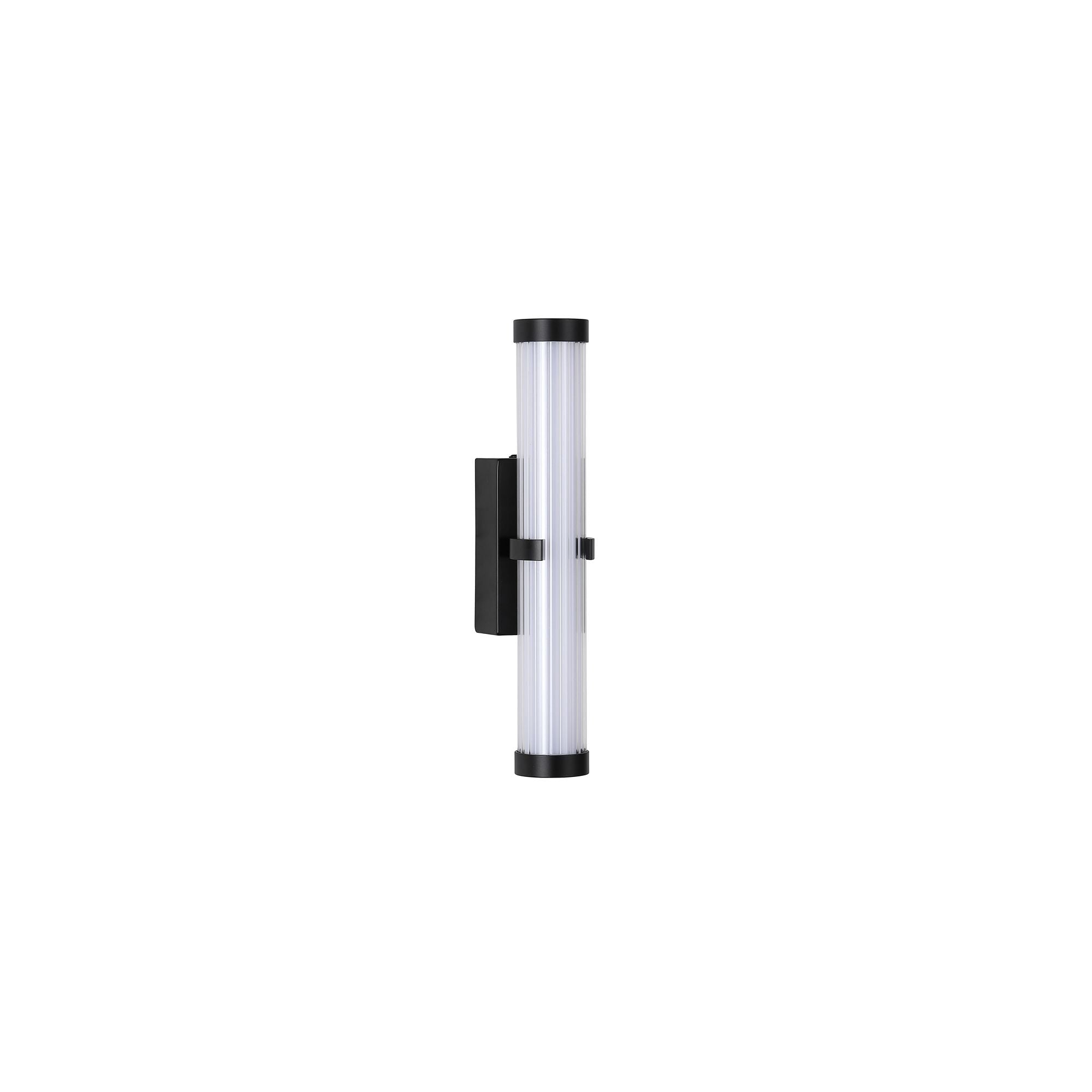 Searchlight Clamp wall light in black with ribbed clear glass and opal diffuser, lit, angled studio shot