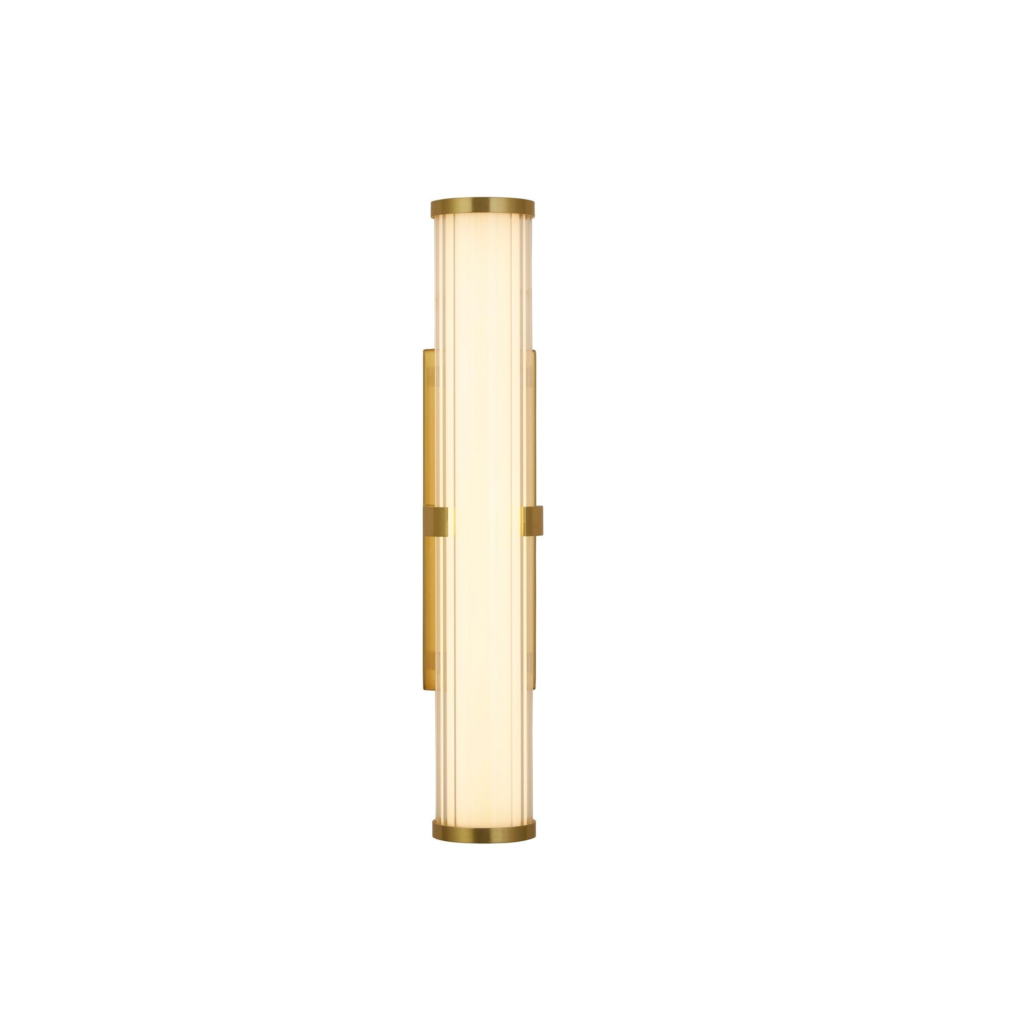Searchlight Clamp wall light in gold with ribbed clear glass and opal diffuser, lit, straight on studio shot