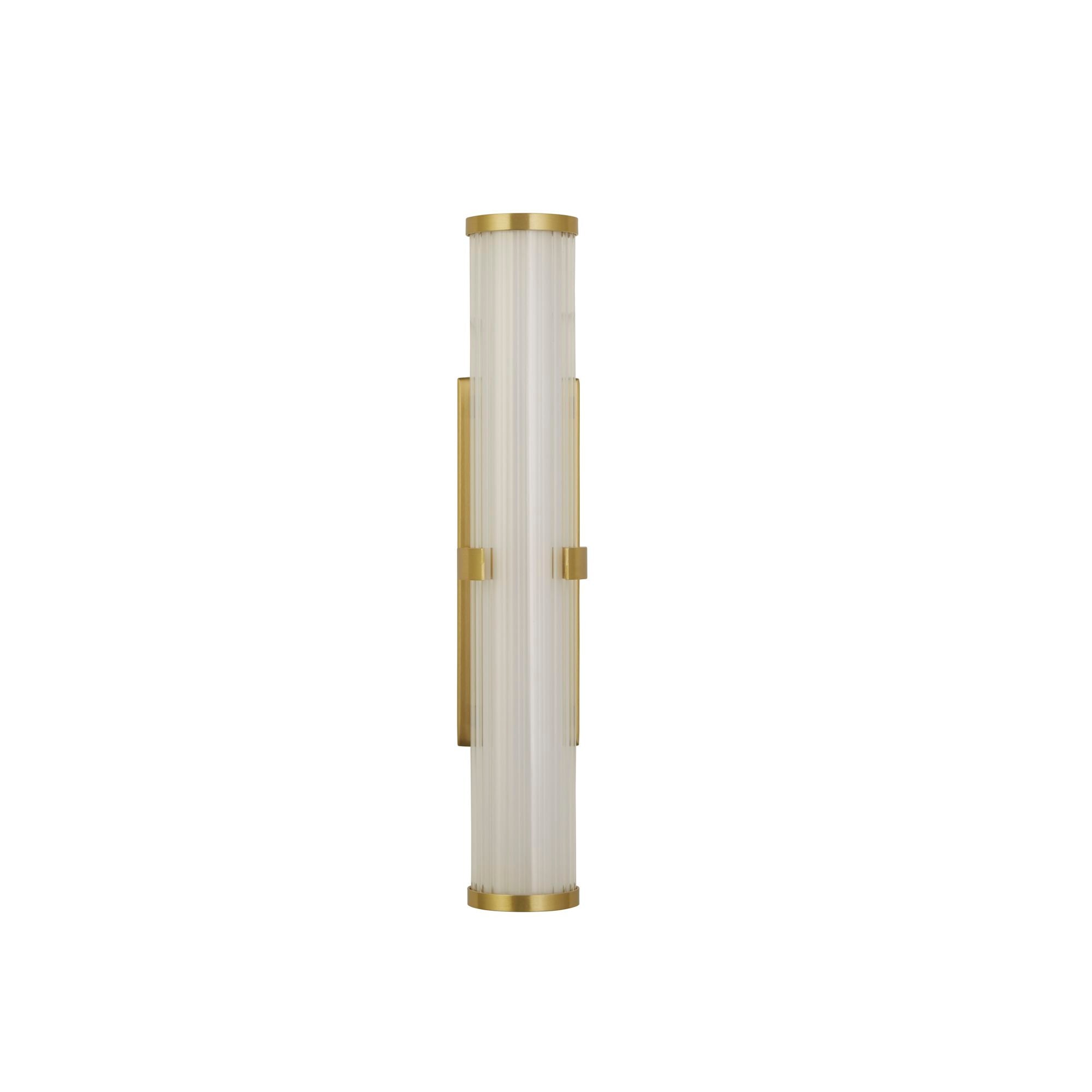 Searchlight Clamp wall light in gold with ribbed clear glass and opal diffuser, lit, front studio shot