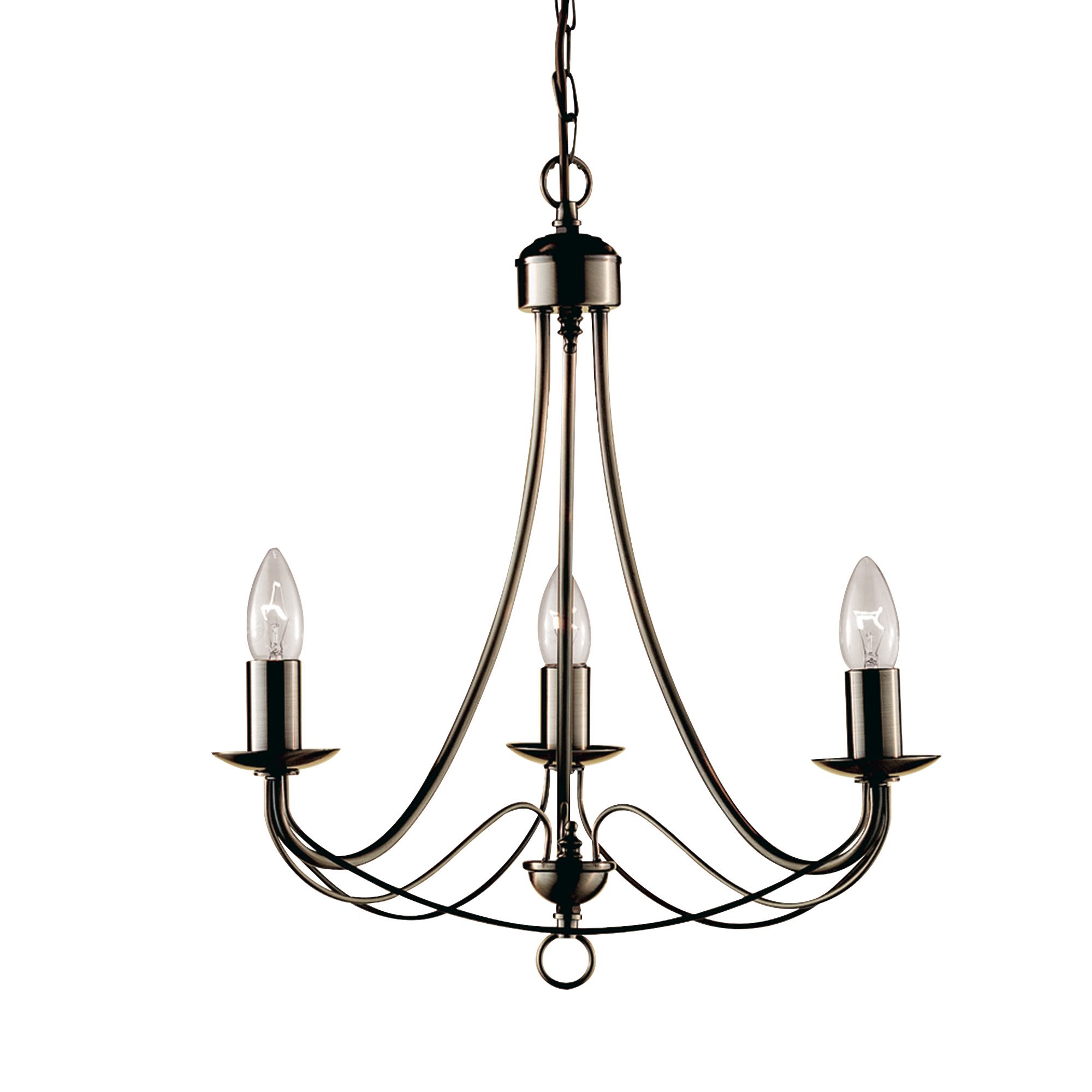 Searchlight Maypole 3 light pendant in antique brass, studio front view with all three candle style bulbs lit against a white background