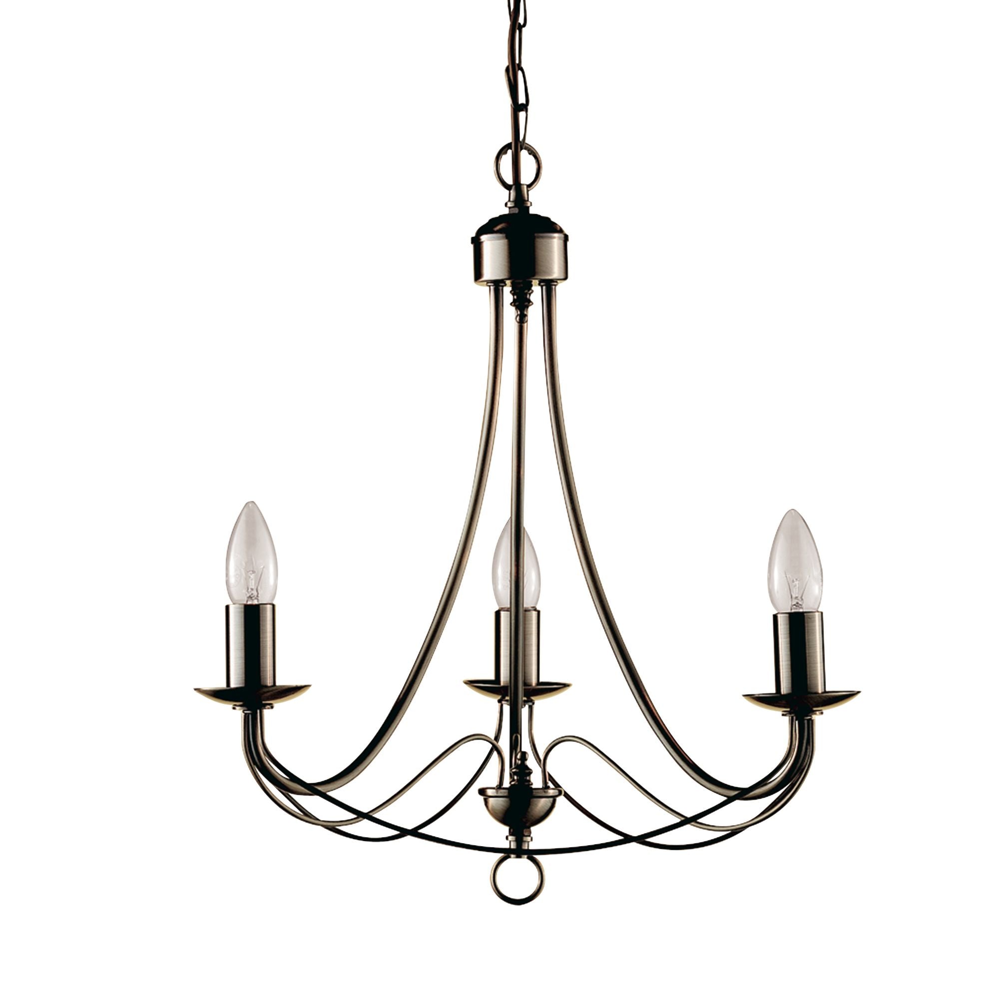 Searchlight Maypole 3 light pendant in antique brass, studio view from a slightly different angle showing the looping crossed arms