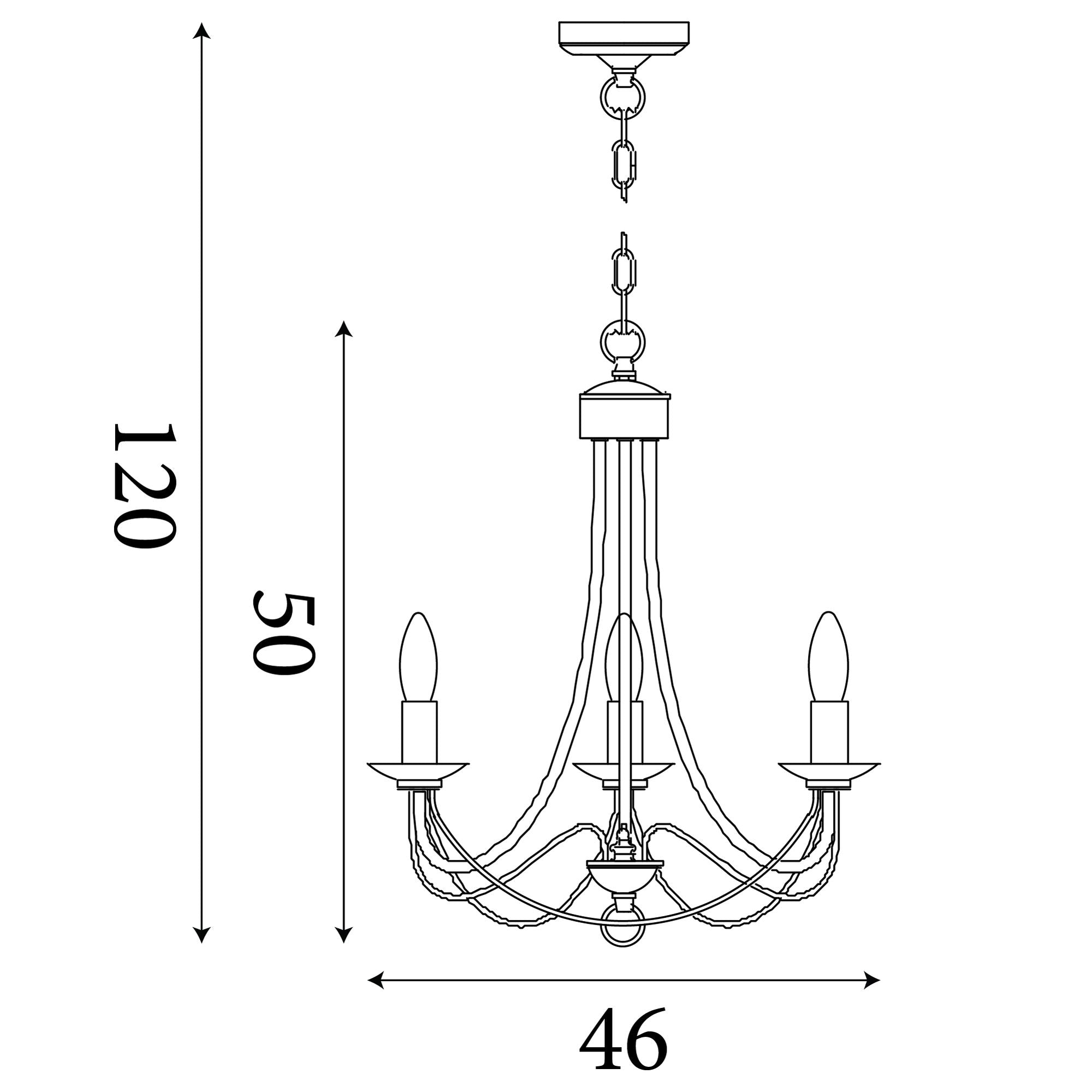 Technical line drawing of the Maypole 3 light pendant showing a width of 46cm, a fixed height of 50cm and a maximum adjustable drop of 120cm