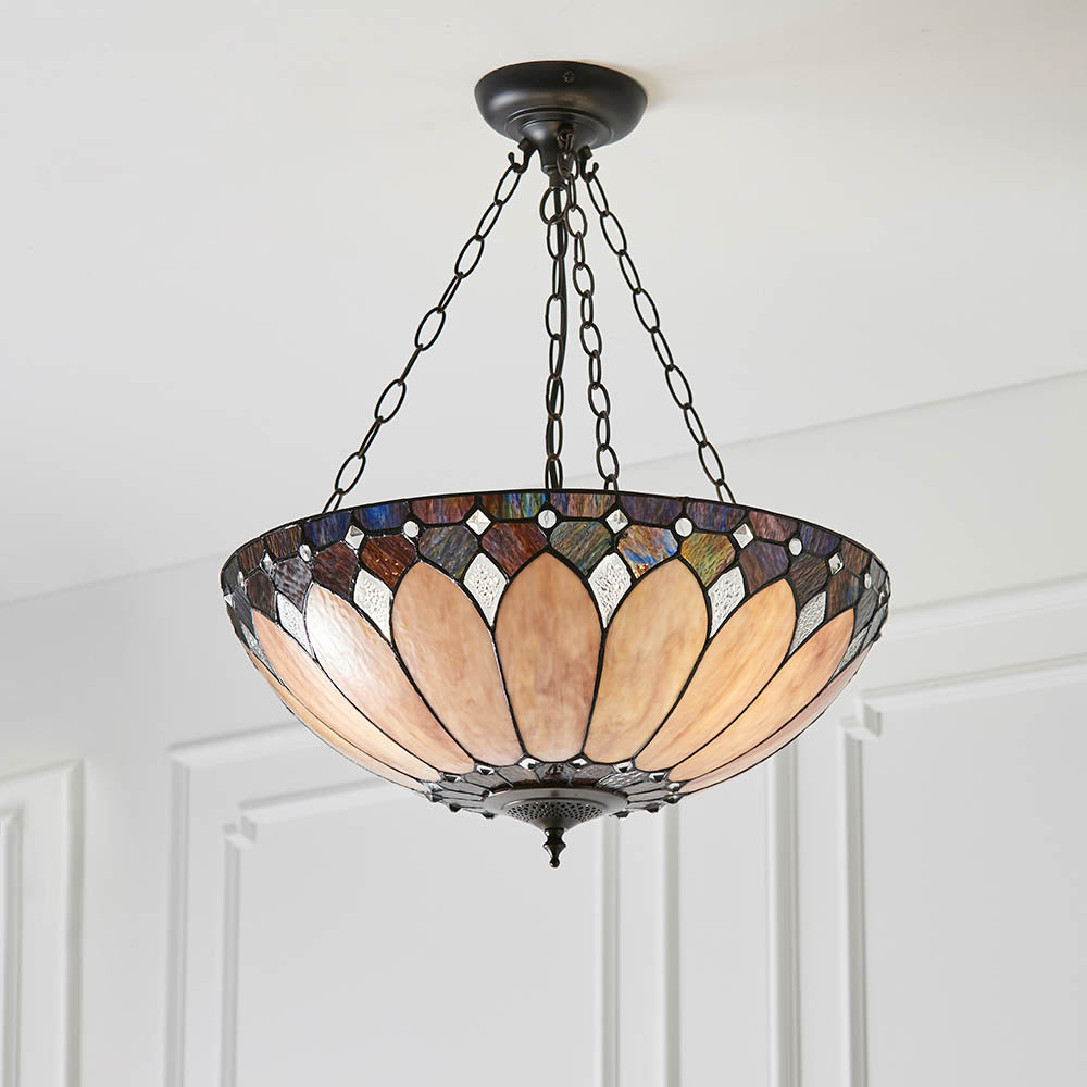 Interiors 1900 Brooklyn Large Inverted 3 Light Pendant - Tiffany Glass