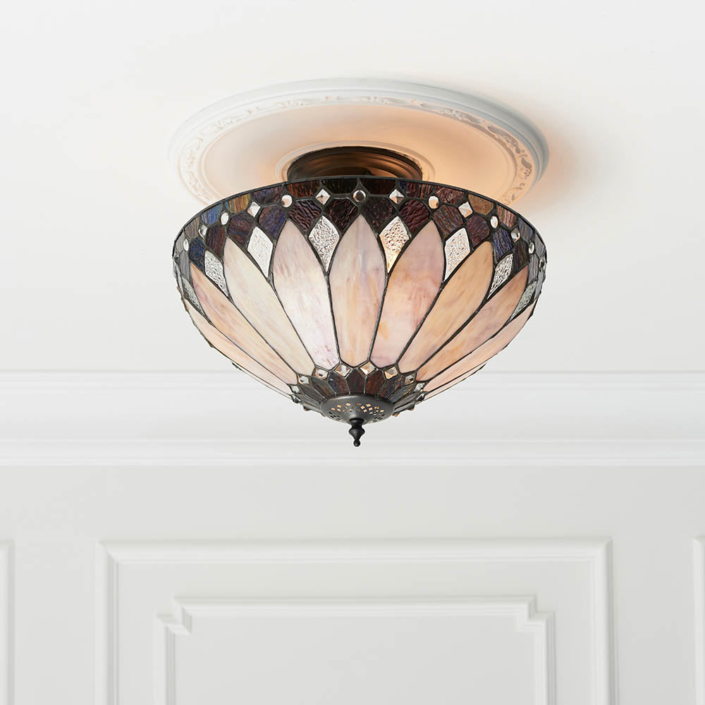 Interiors 1900 Brooklyn Medium 3 Light Semi Flush Pendant -Handcrafted Tiffany Style Glass