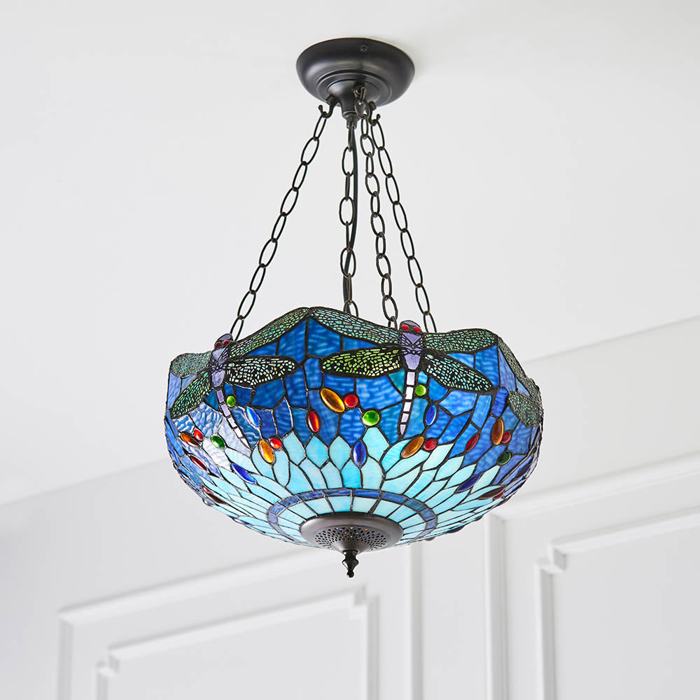 Interiors 1900 Dragonfly Blue Medium Inverted 3 Light Pendant - Tiffany Glass