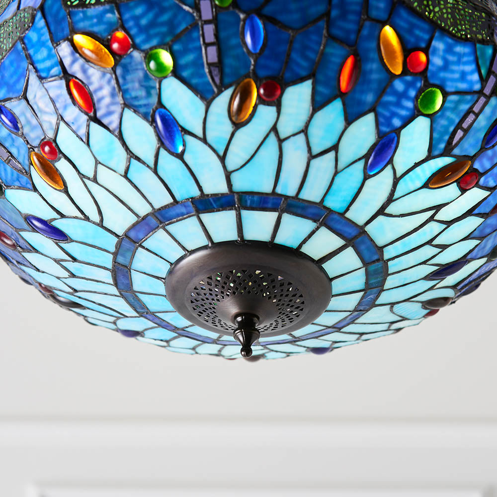 Interiors 1900 Dragonfly Blue Medium Inverted 3 Light Pendant - Tiffany Glass