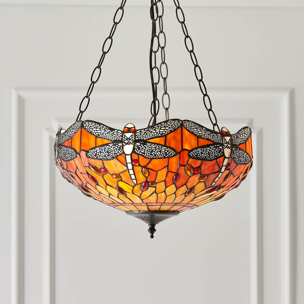 Interiors 1900 Dragonfly Flame Medium Inverted 3 Light Pendant - Handcrafted Tiffany Style Glass