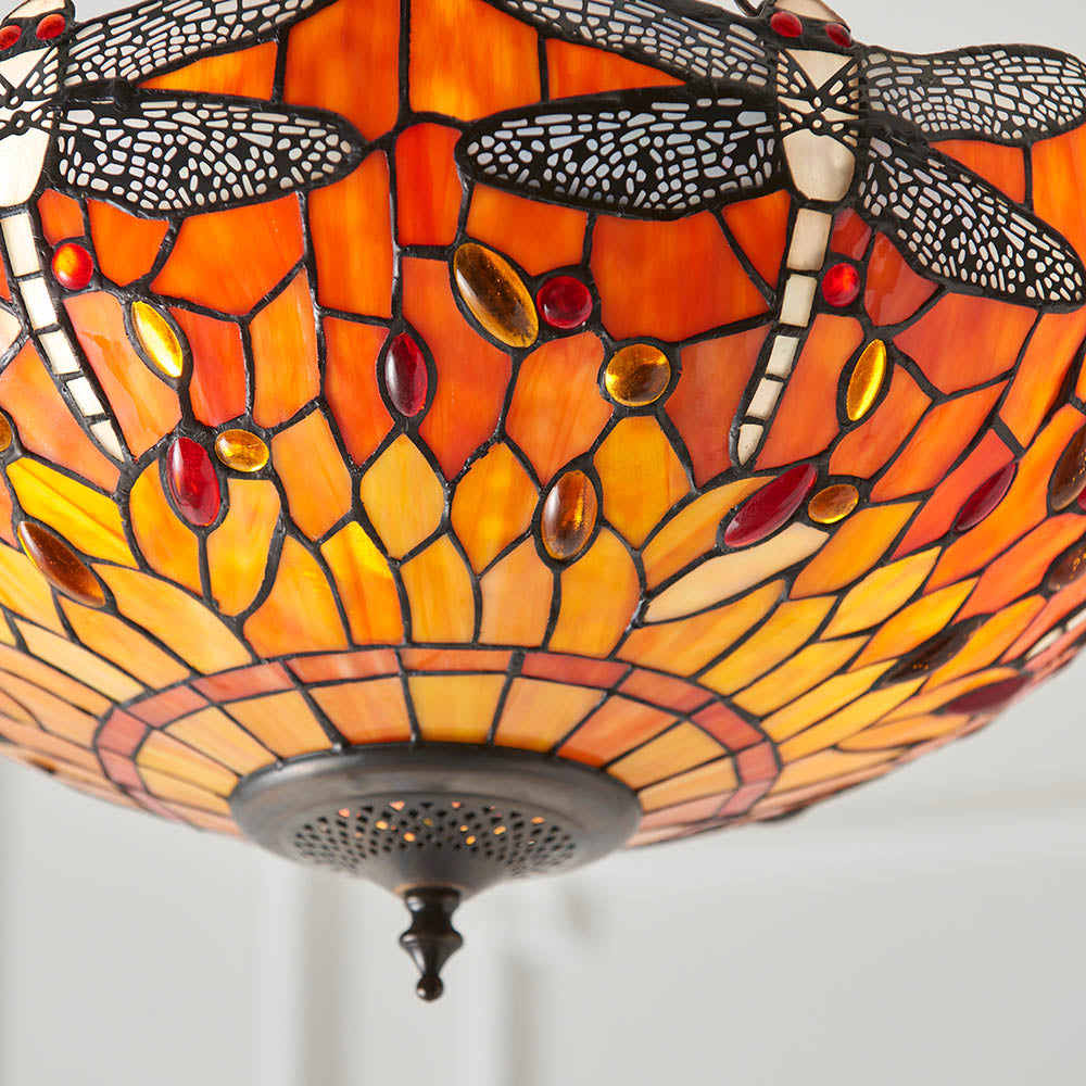 Interiors 1900 Dragonfly Flame Medium Inverted 3 Light Pendant - Handcrafted Tiffany Style Glass