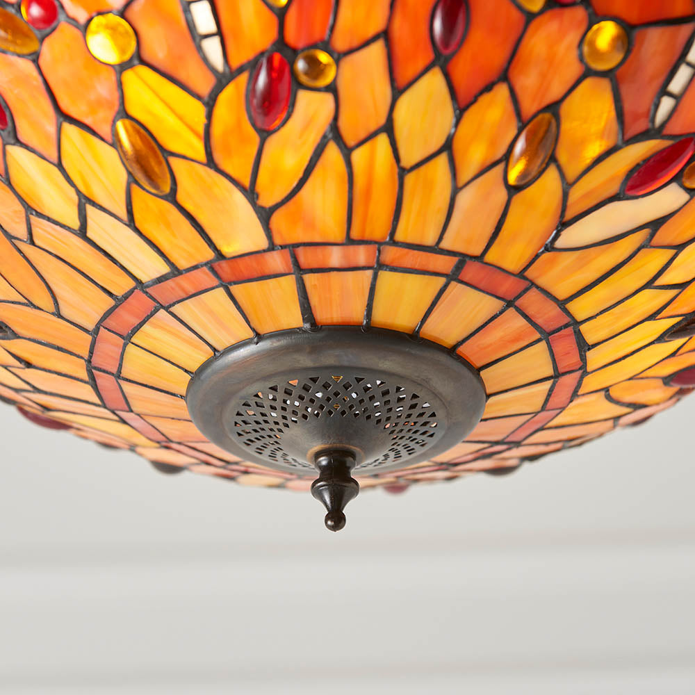Interiors 1900 Dragonfly Flame Medium Inverted 3 Light Pendant - Handcrafted Tiffany Style Glass