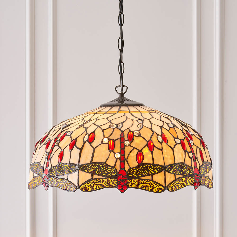 Interiors 1900 Dragonfly Beige Large 3 Light Pendant - Handcrafted Tiffany Style Glass