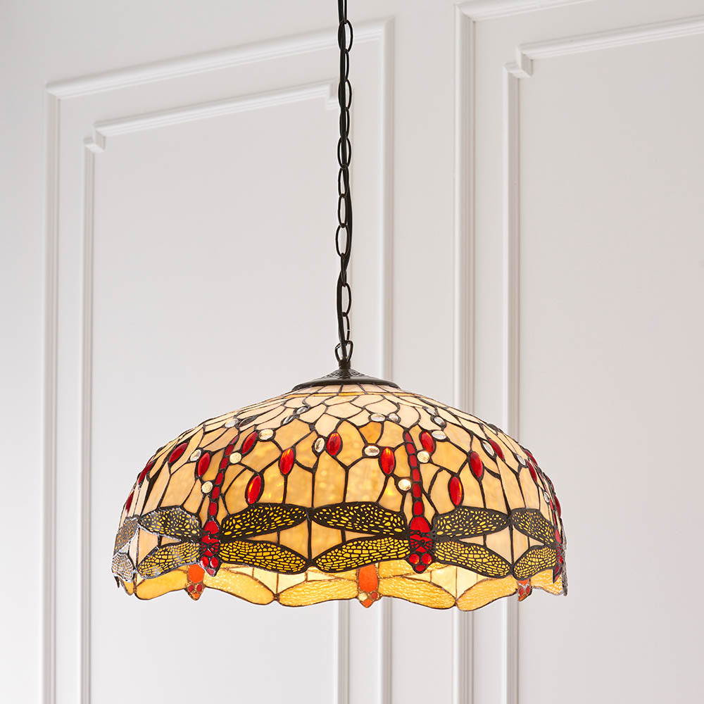 Interiors 1900 Dragonfly Beige Large 3 Light Pendant - Handcrafted Tiffany Style Glass