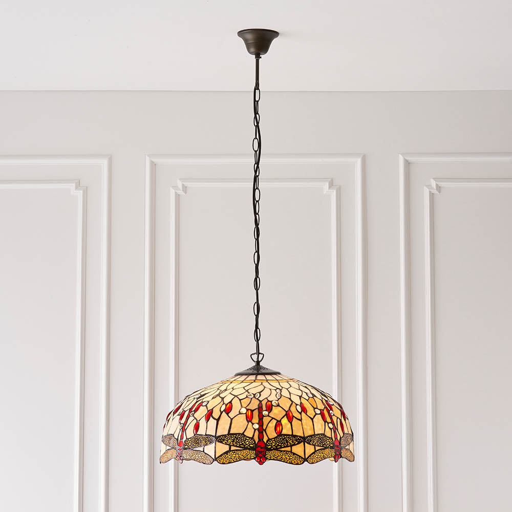 Interiors 1900 Dragonfly Beige Large 3 Light Pendant - Handcrafted Tiffany Style Glass