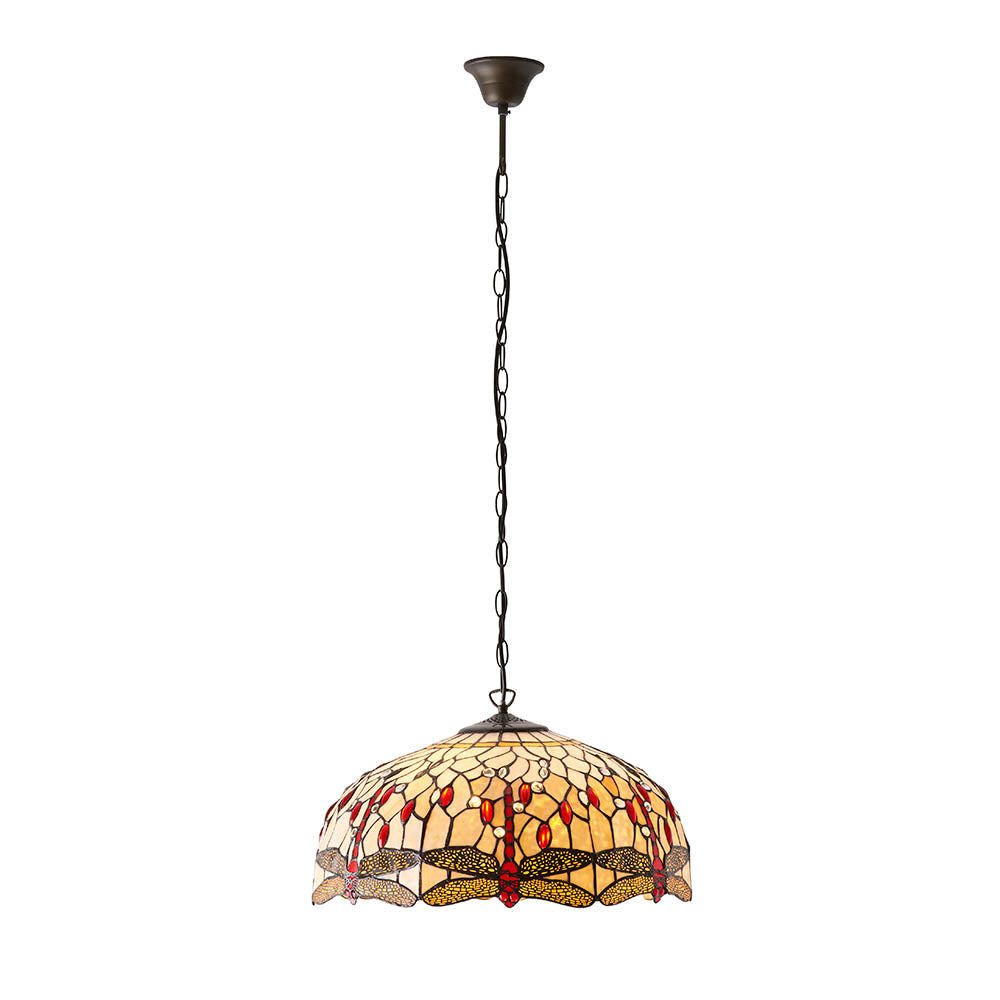 Interiors 1900 Dragonfly Beige Large 3 Light Pendant - Handcrafted Tiffany Style Glass