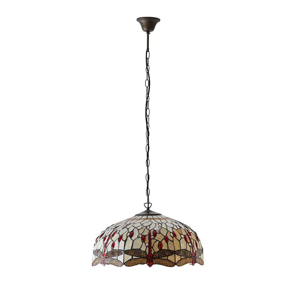 Interiors 1900 Dragonfly Beige Large 3 Light Pendant - Handcrafted Tiffany Style Glass