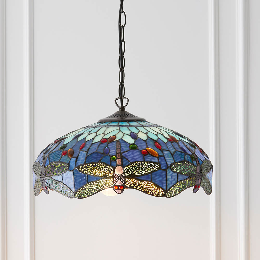 Interiors 1900 Dragonfly Blue Medium 3 Light Pendant - Tiffany Glass