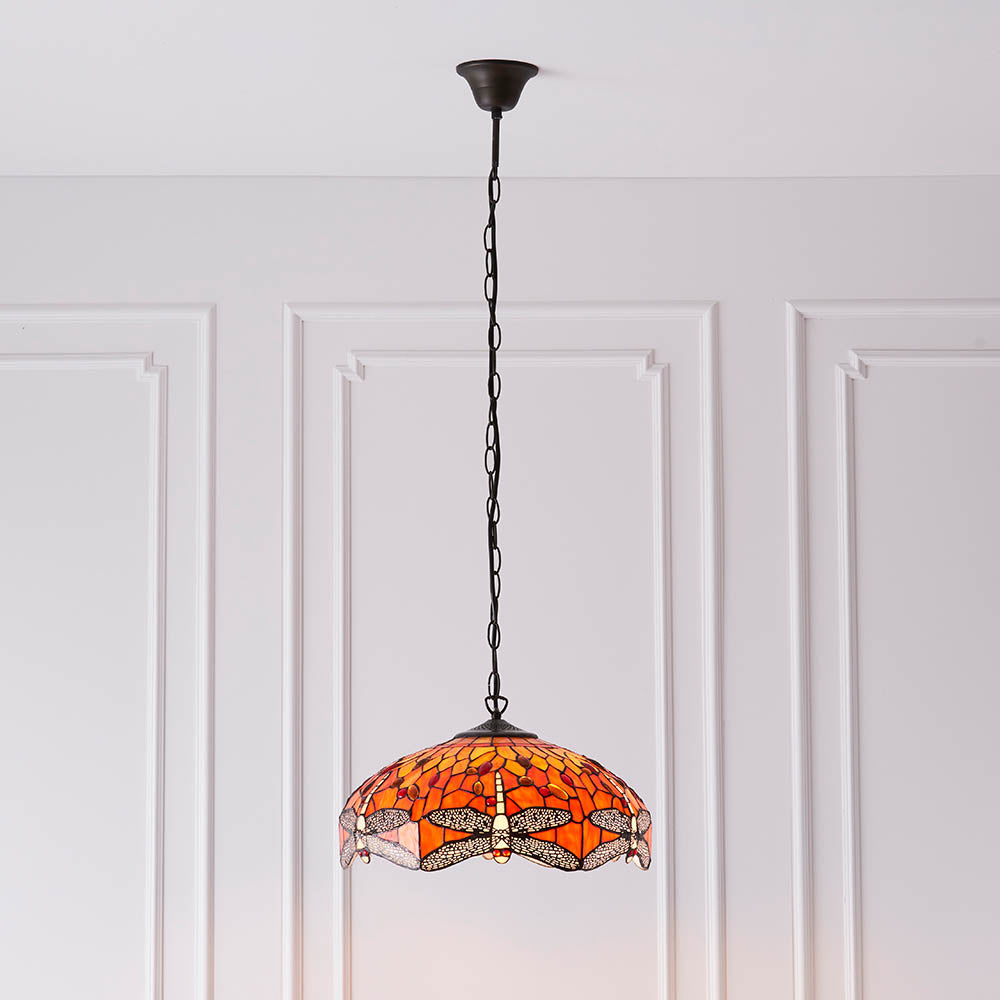 Interiors 1900 Dragonfly Flame Medium 3 Light Pendant - Handcrafted Tiffany Style Glass