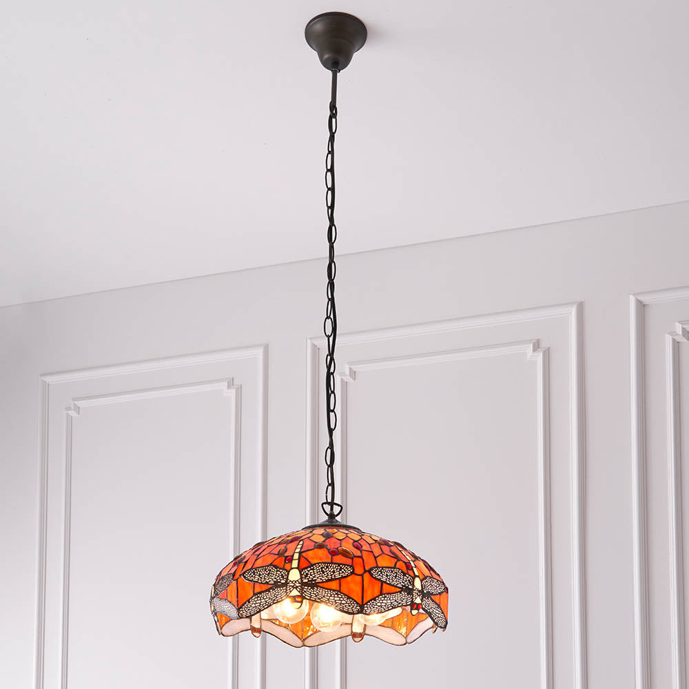 Interiors 1900 Dragonfly Flame Medium 3 Light Pendant - Handcrafted Tiffany Style Glass