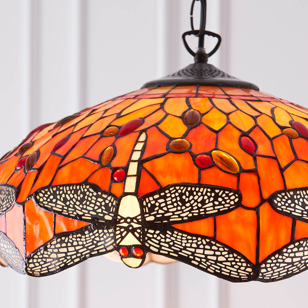 Interiors 1900 Dragonfly Flame Medium 3 Light Pendant - Handcrafted Tiffany Style Glass