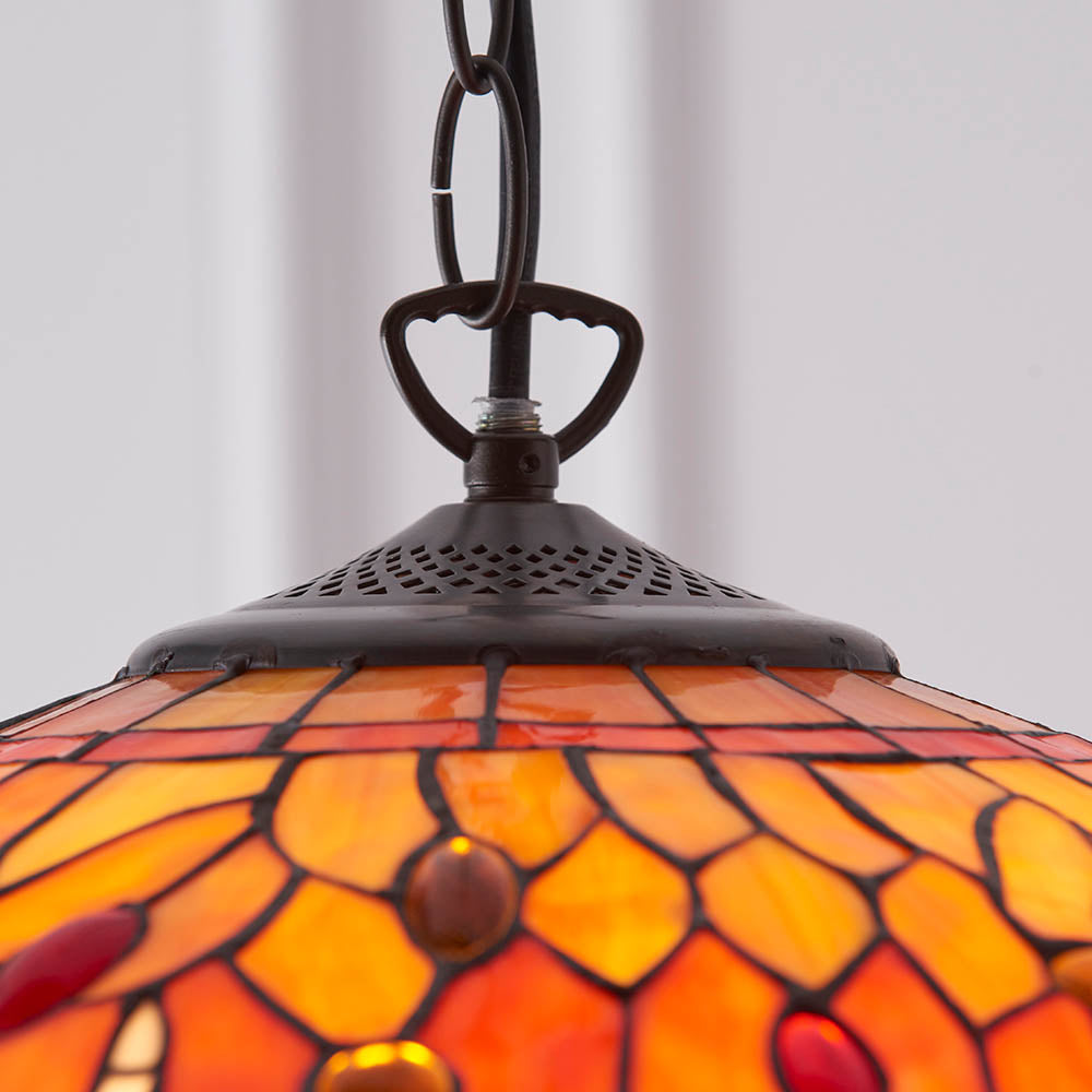 Interiors 1900 Dragonfly Flame Medium 3 Light Pendant - Handcrafted Tiffany Style Glass