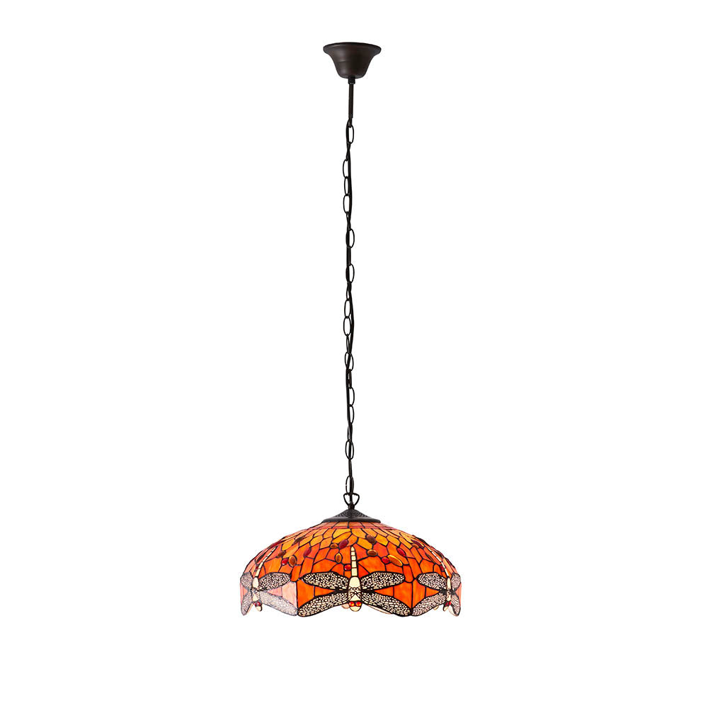 Interiors 1900 Dragonfly Flame Medium 3 Light Pendant - Handcrafted Tiffany Style Glass