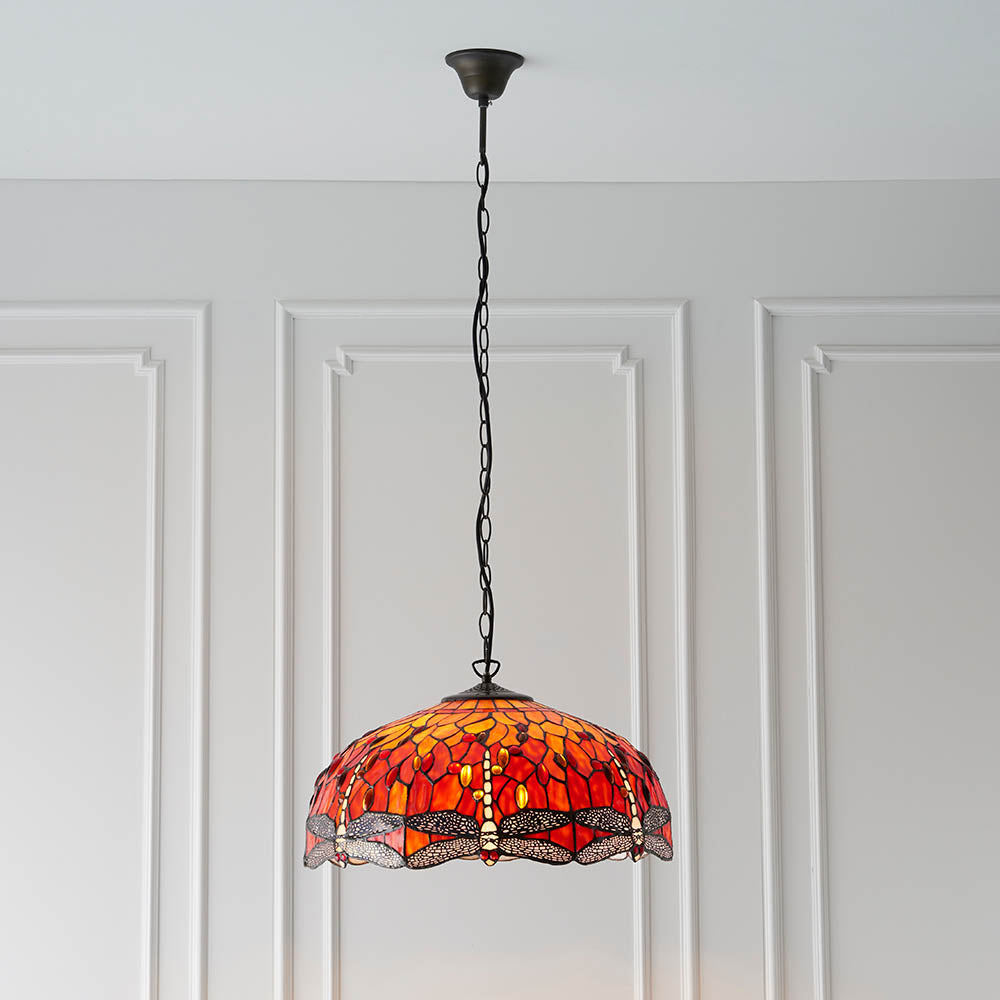 Interiors 1900 Dragonfly Flame Large 3 Light Pendant - Handcrafted Tiffany Style Glass