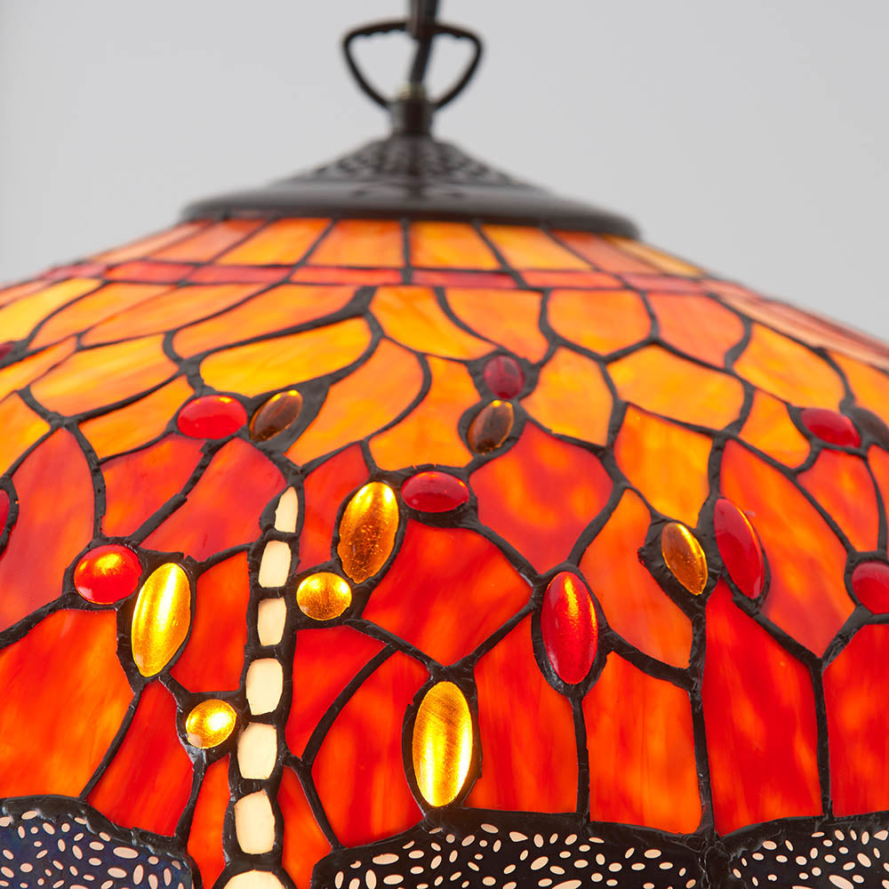 Interiors 1900 Dragonfly Flame Large 3 Light Pendant - Handcrafted Tiffany Style Glass