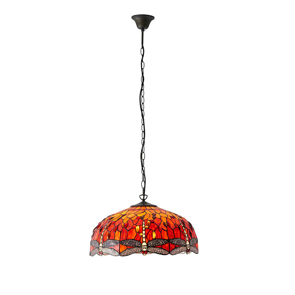 Interiors 1900 Dragonfly Flame Large 3 Light Pendant - Handcrafted Tiffany Style Glass