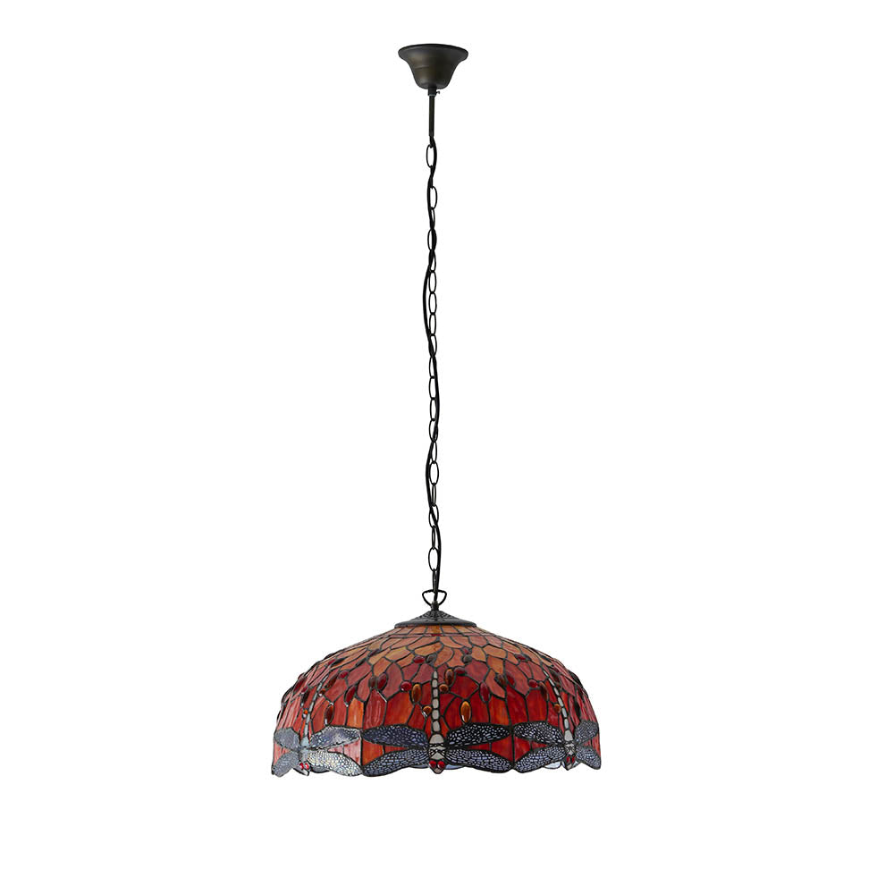 Interiors 1900 Dragonfly Flame Large 3 Light Pendant - Handcrafted Tiffany Style Glass