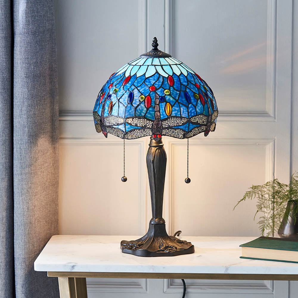 Interiors 1900 Dragonfly Blue Small Table Lamp - Tiffany Glass