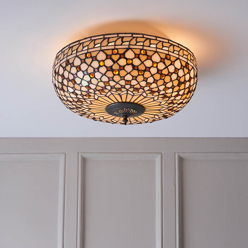 Interiors 1900 Mille Feux Large 2 Light Flush Fitting - Tiffany Glass