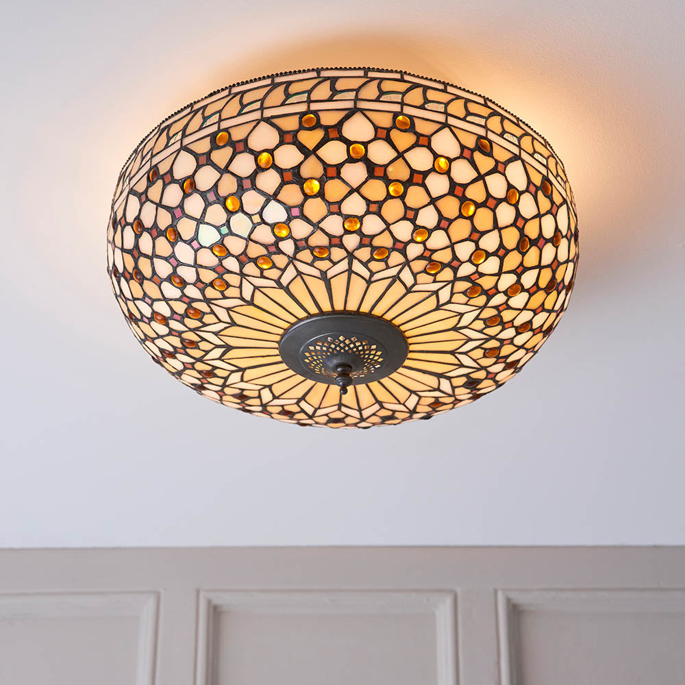 Interiors 1900 Mille Feux Large 2 Light Flush Fitting - Tiffany Glass