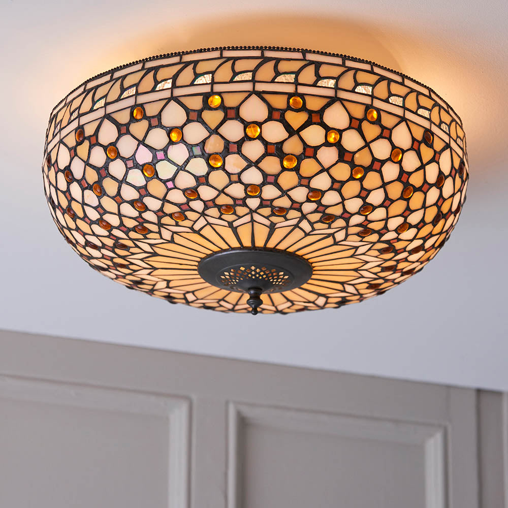 Interiors 1900 Mille Feux Large 2 Light Flush Fitting - Tiffany Glass