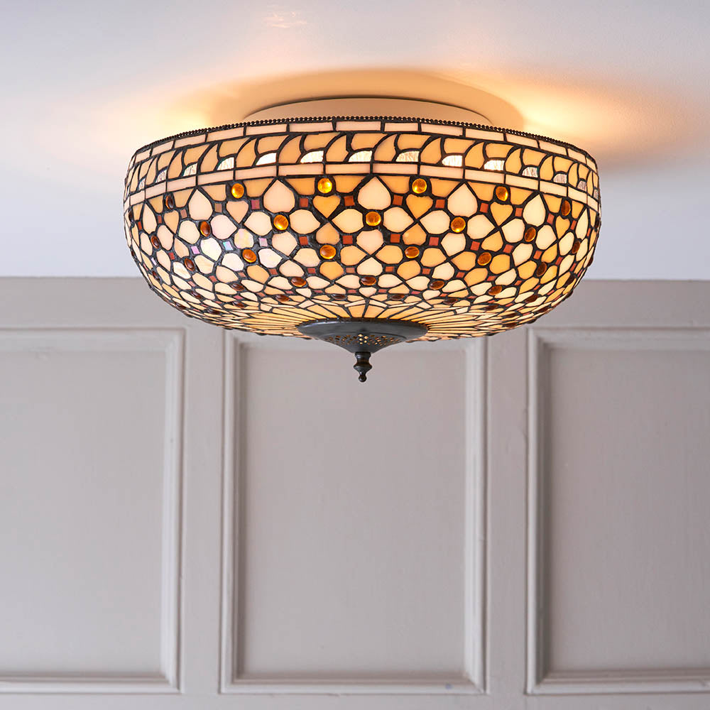 Interiors 1900 Mille Feux Large 2 Light Flush Fitting - Tiffany Glass