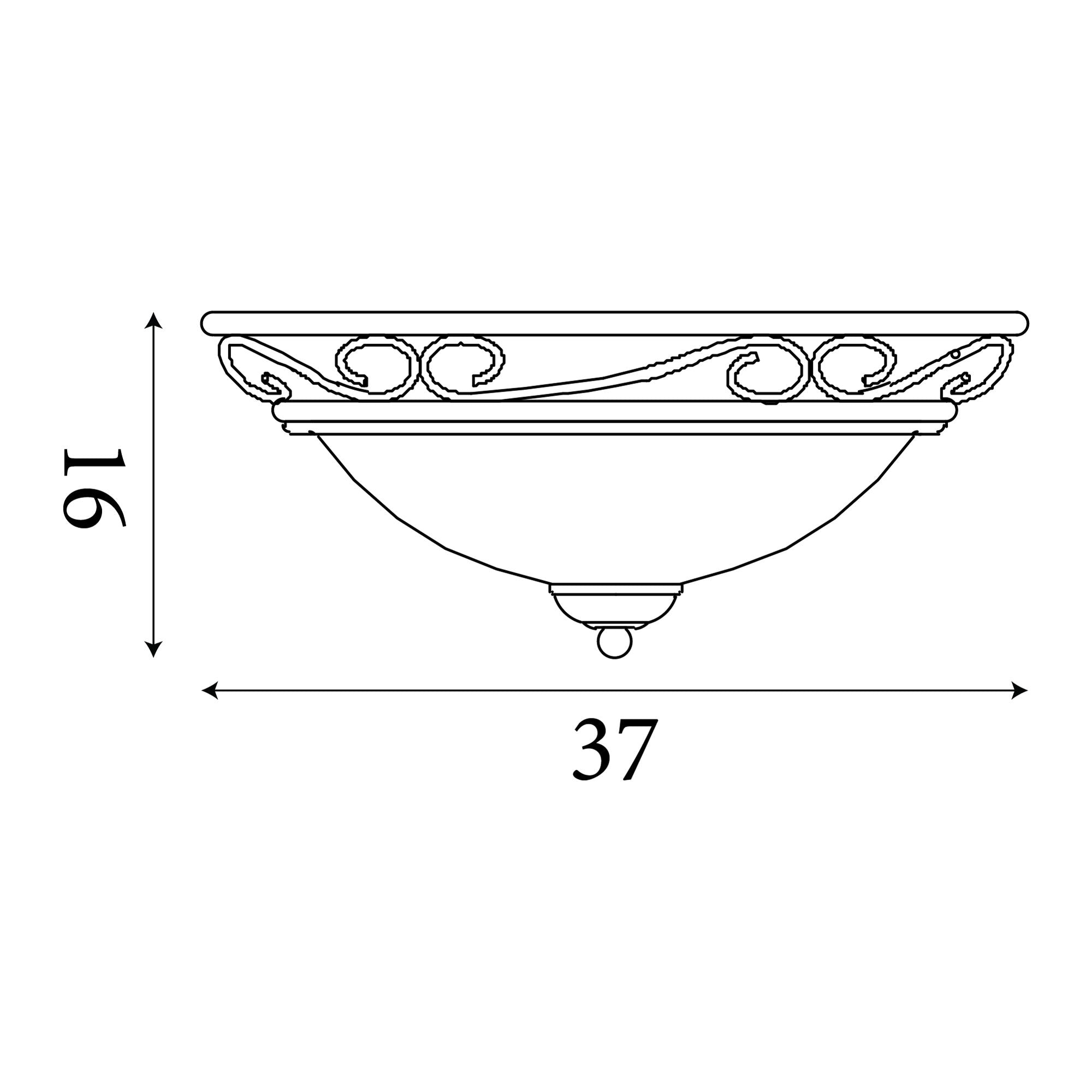 Technical dimension drawing of the Searchlight Weybridge flush ceiling light showing 37cm diameter and 16cm height