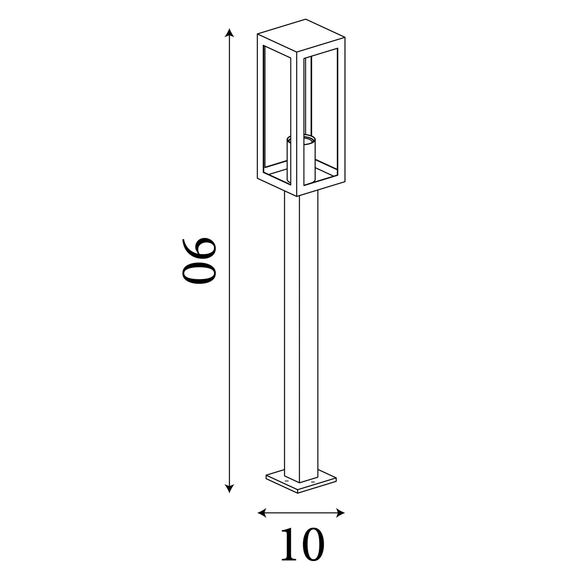 Technical line drawing of the Box outdoor post light showing overall height of 90cm and width of 10cm