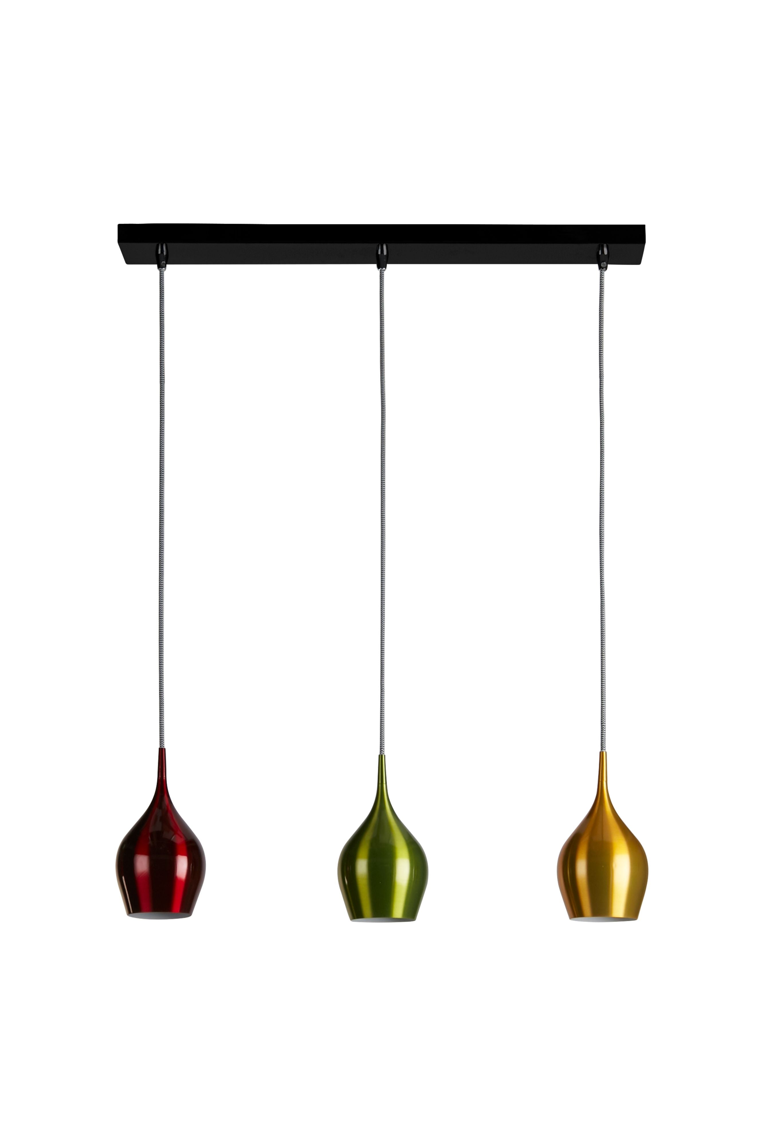 Searchlight Vibrant 3 light bar pendant, full studio shot from a slightly different angle showing the three gloss coloured shades