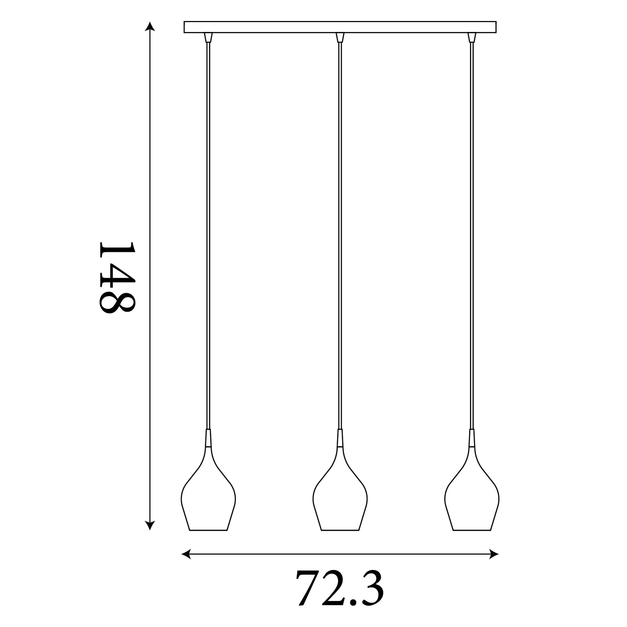 Technical line drawing of the Vibrant 3 light bar pendant showing a 148cm drop and a 72.3cm bar length