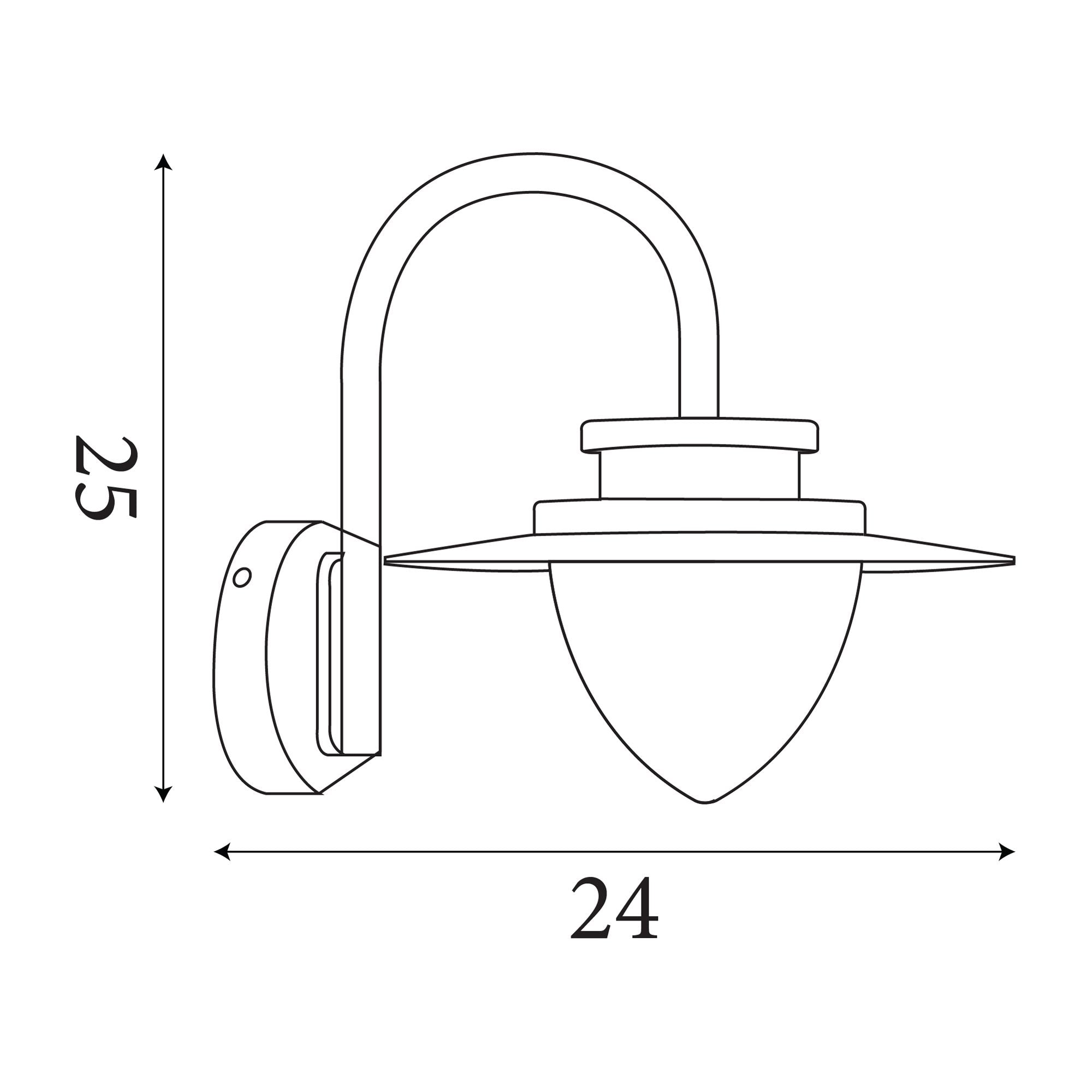Technical line drawing of the Texas outdoor wall light showing overall height of 25cm and width of 24cm